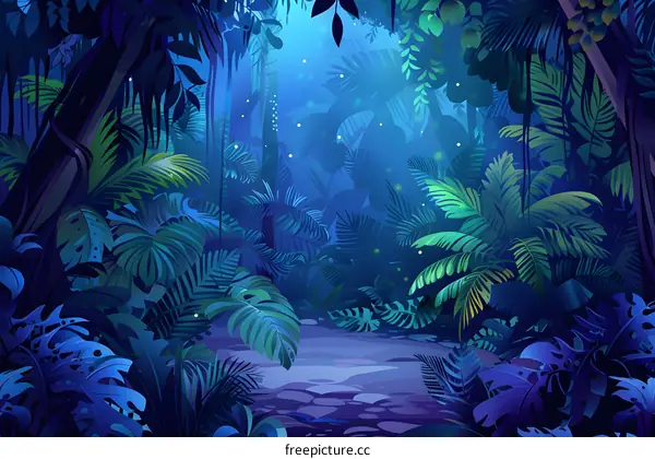 Dark Jungle Night Scene With Fireflies