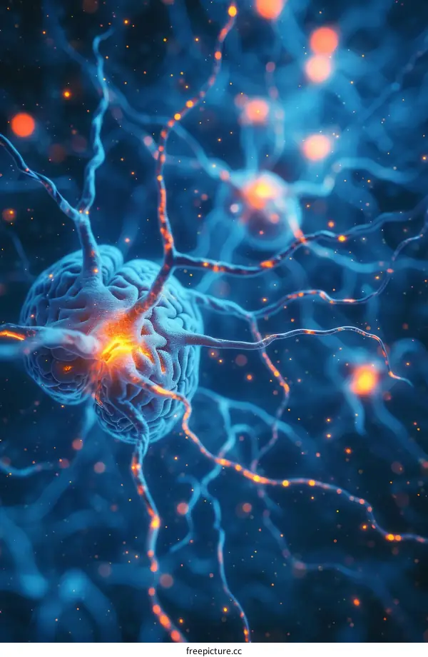 A 3D illustration of a neuron surrounded by synapses