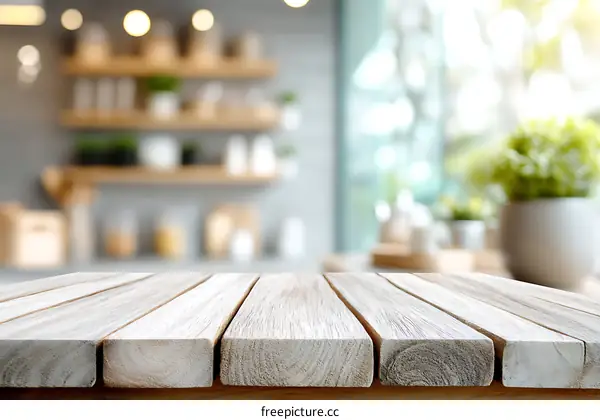 Wooden Table Top with Blurred Kitchen Background