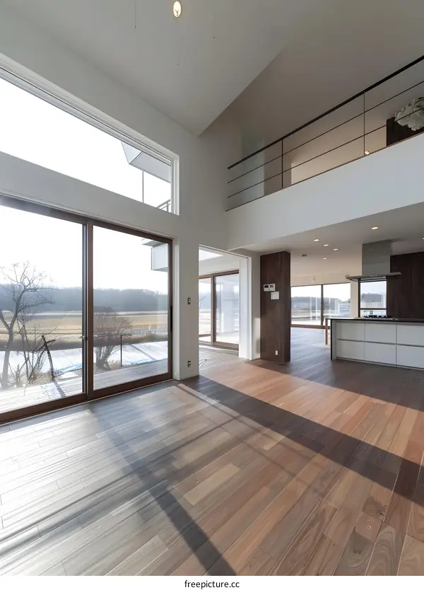 Modern House Interior Design With Large Windows and Wooden Floor