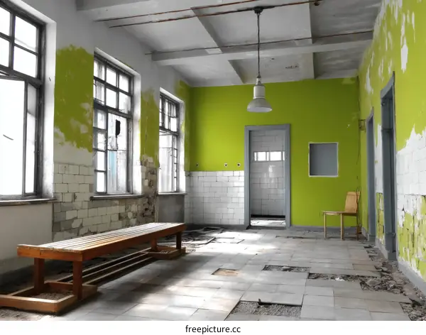 Abandoned Hospital Room with Damaged Walls and Tiles