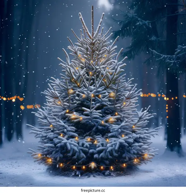 A snow-covered Christmas tree stands in a snowy forest