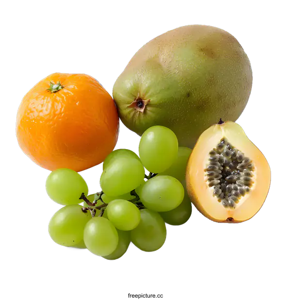 [Transparent Background PNG]Fresh Green Grapes Orange Kiwi and Papaya on White Background