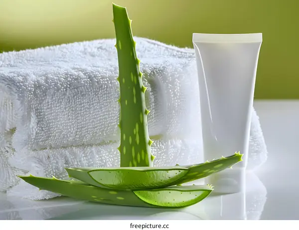 Aloe Vera Plant, White Towel and Cream Tube