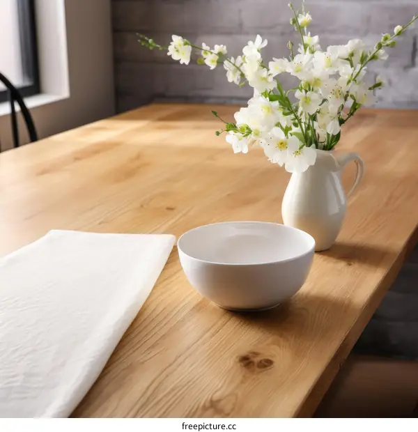 White Ceramic Vase with Flowers on a Wooden Table