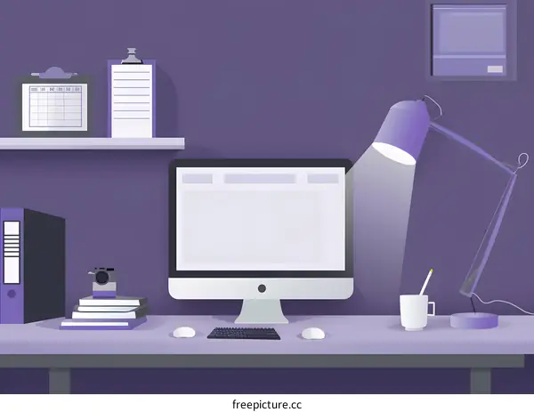 Purple Desk with Computer and Desk Lamp
