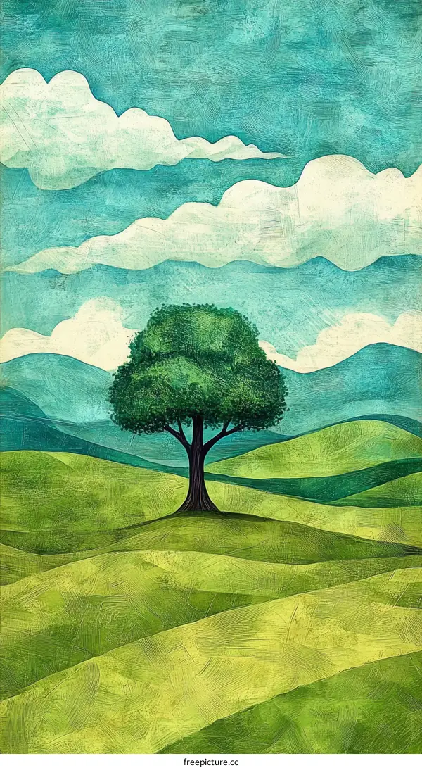 Peaceful Green Hillscape with Solitary Tree