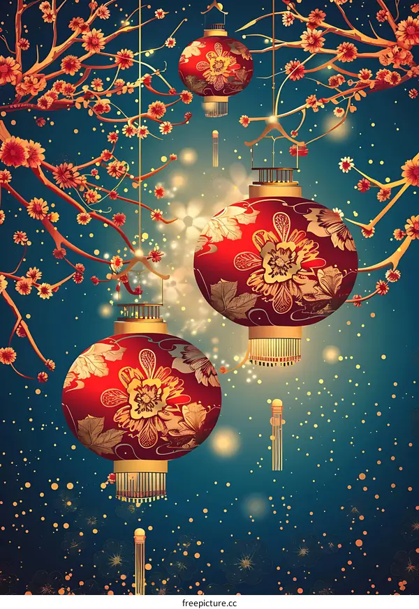 Chinese New Year Red Lanterns and Golden Flowers
