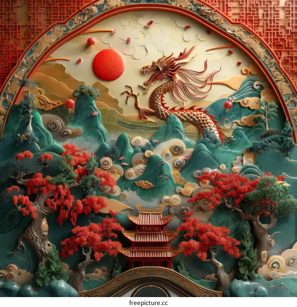 Chinese Dragon Landscape Illustration with Pagoda