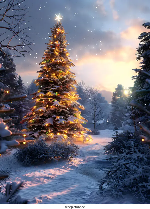 Christmas tree shining in the snow