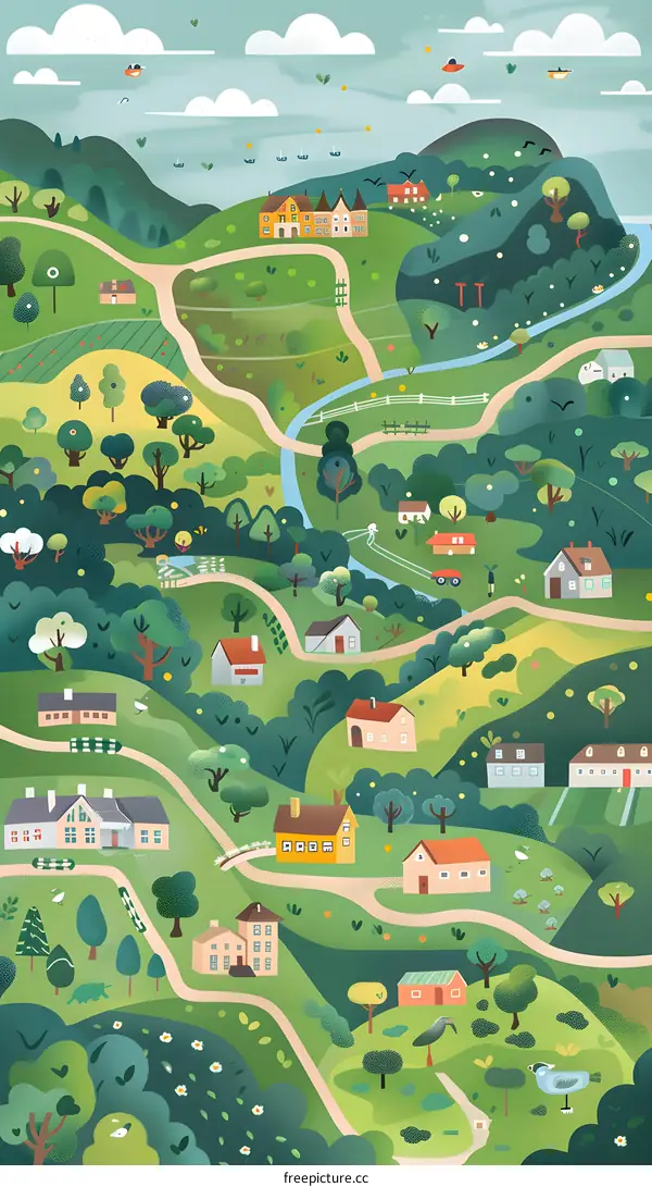 Illustrated Map of a Small Town with Houses, Trees, and a River