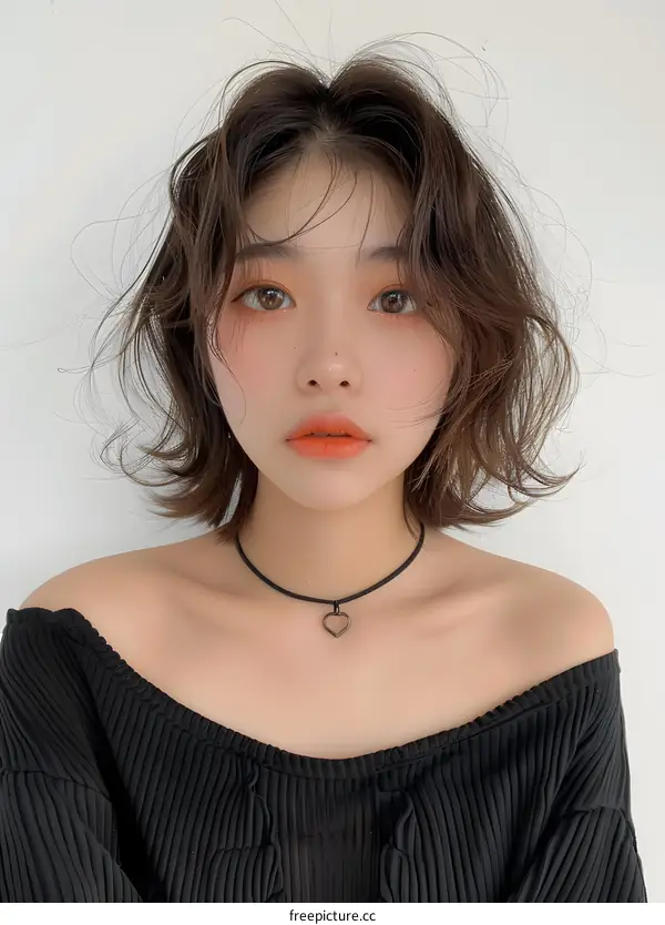 Portrait of a young woman with short brown hair and a heart necklace