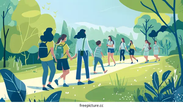 Group of People Walking on a Path in a Green Forest