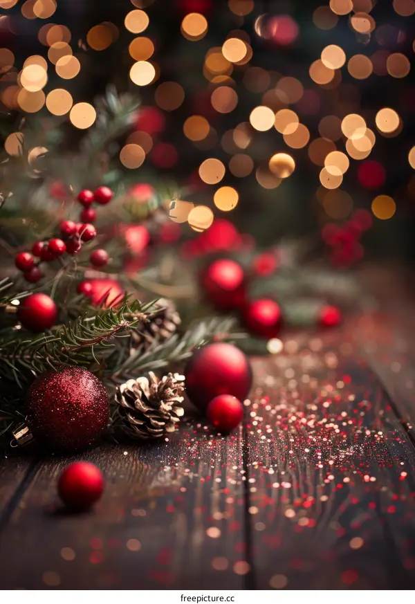 Red Christmas Ornaments with Greenery on Rustic Table