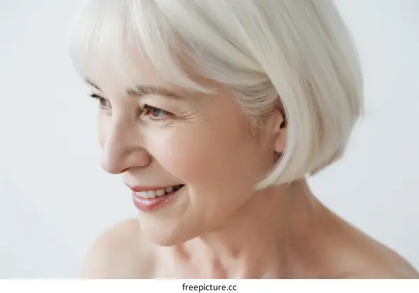Close-up of a mature woman with short white hair smiling