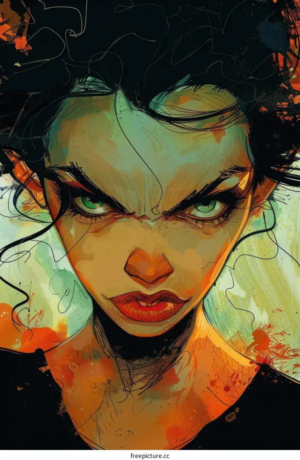 A close-up of a womans face with green eyes and dark hair