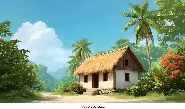 Tropical Village Scene with Thatched Hut
