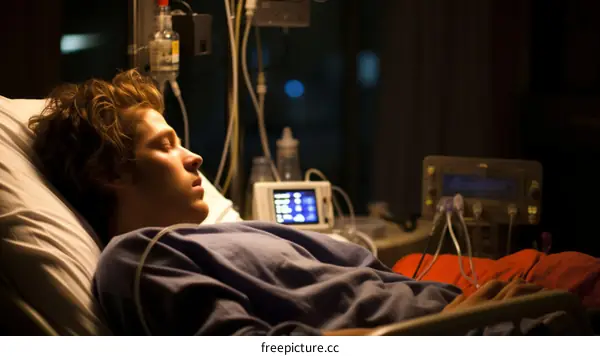 A young male patient is sleeping in a hospital bed.