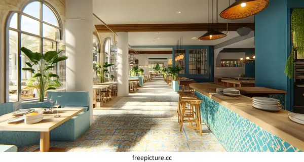 Modern Restaurant Interior Design With Blue Walls And Wooden Furniture