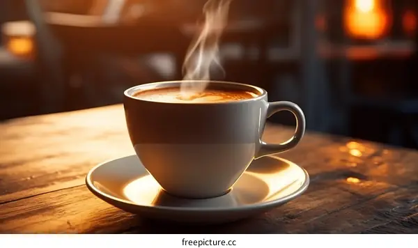 Aromatic hot beverage in a ceramic cup on a saucer