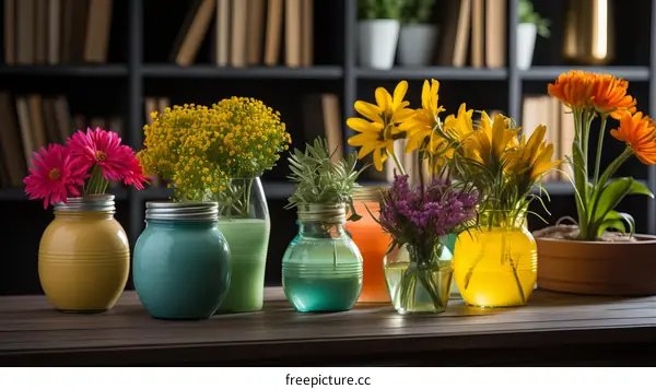 Colorful Flowers in Glass Vases on a Wooden Table