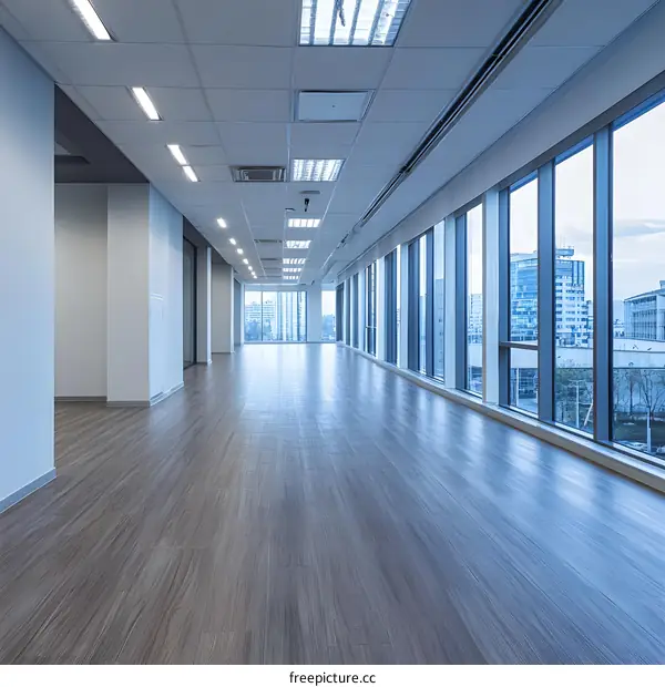 Empty Modern Office Space with Floor to Ceiling Windows and a View of the City