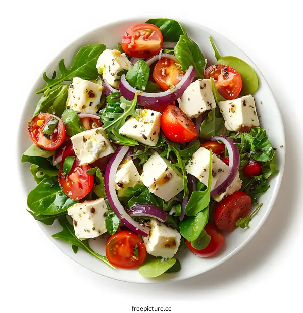 Top view of fresh salad with tomatoes, cheese and spinach