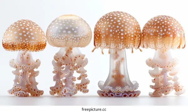 Four orange jellyfish with white spots on a white background