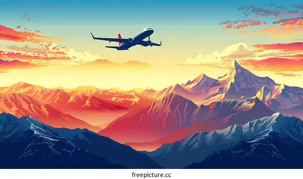 Airplane Flying Over Mountain Range at Sunset