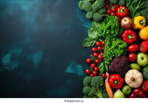 Colorful Assortment of Fresh Organic Vegetables on Blue Background with Copy Space