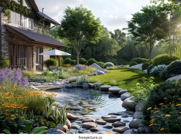 A Beautiful Garden with a Pond, Flowers, and a House