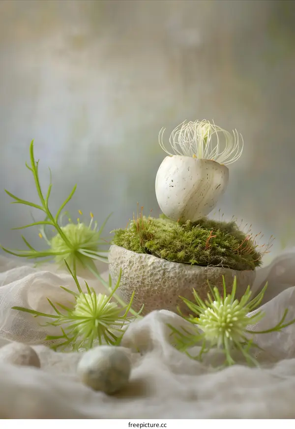 Stone Egg with Green Plant and Moss in a Bowl on Fabric