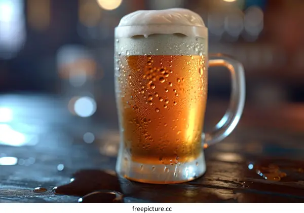 A close-up image of a mug of beer on a wooden table with water droplets