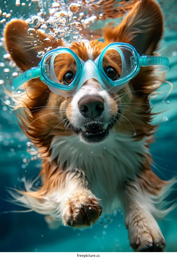 A happy dog is swimming freestyle in the water with goggles