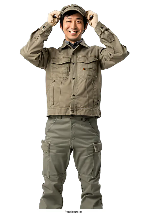 [Transparent Background PNG]Smiling Worker Adjusting His Cap