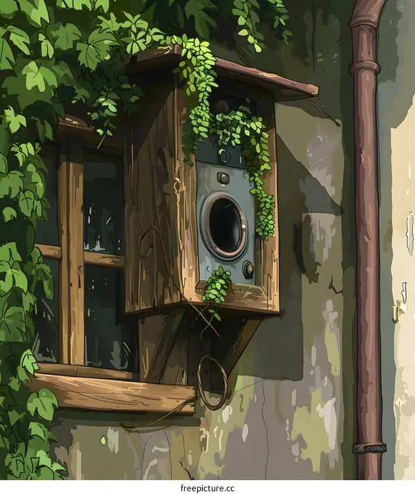 Vintage Speaker with Greenery on Old House Wall