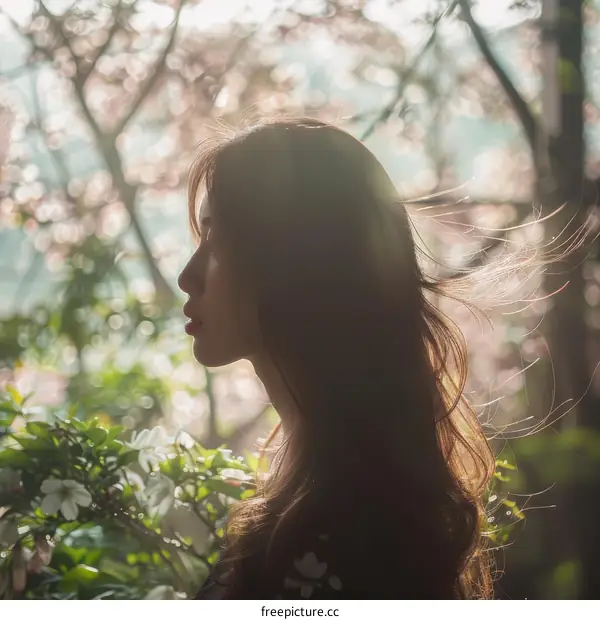 Portrait of a young Asian woman standing in a garden with cherry blossoms
