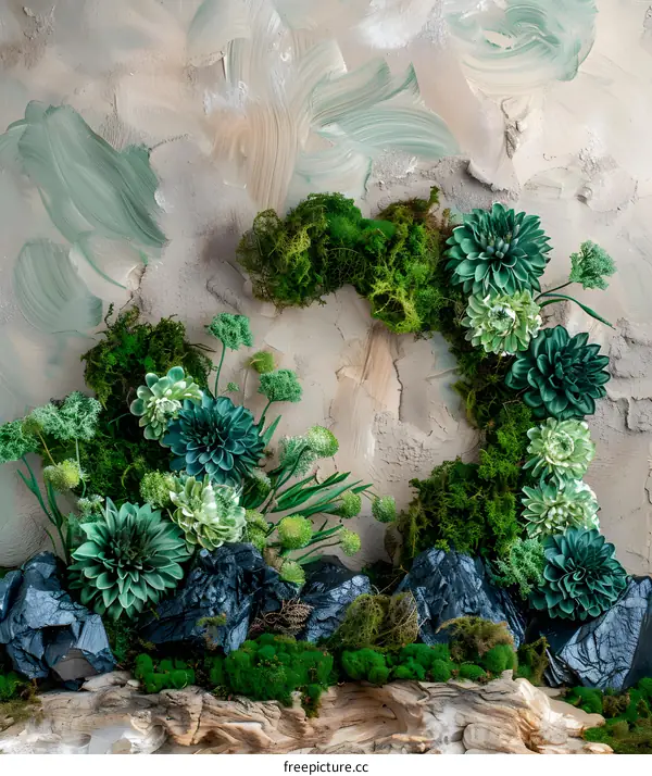 Green Moss and Succulents on a Wall Background