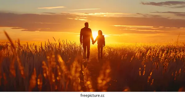 Couple holding hands in a wheat field at sunset