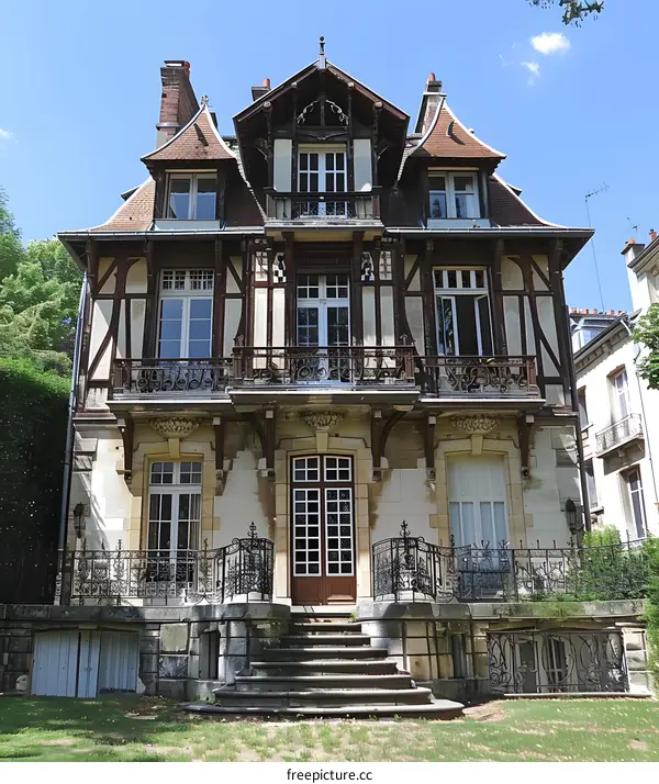 French Style House With Wrought Iron Balconies and Stairs