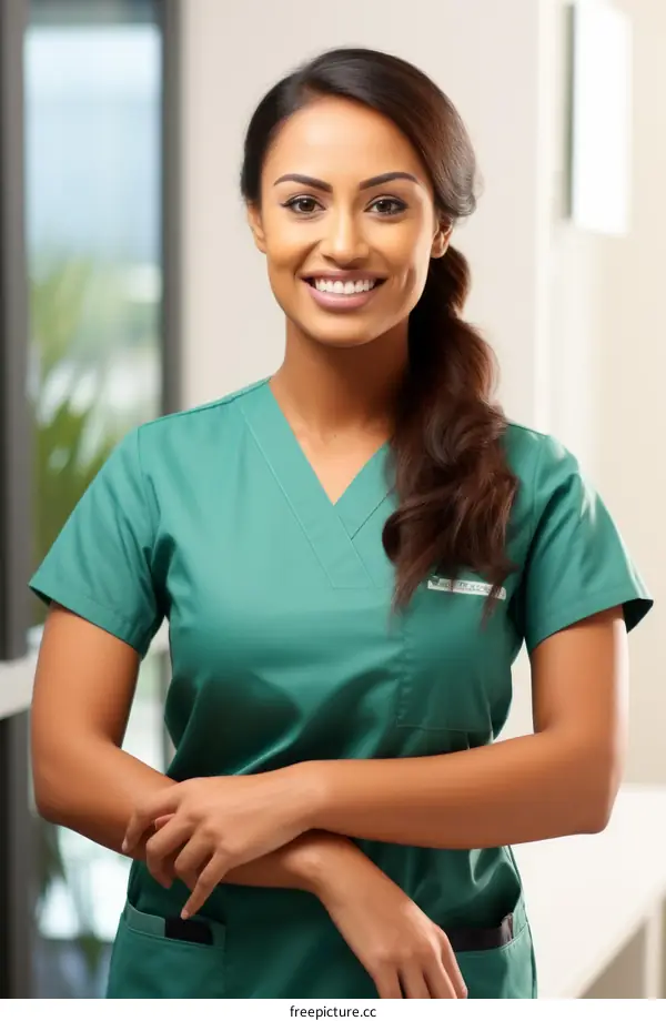 Portrait of a smiling young female doctor in green scrubs