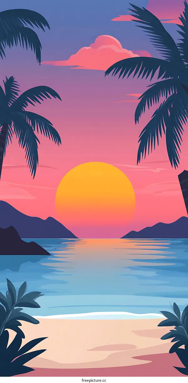 Tropical Sunset Beach Illustration