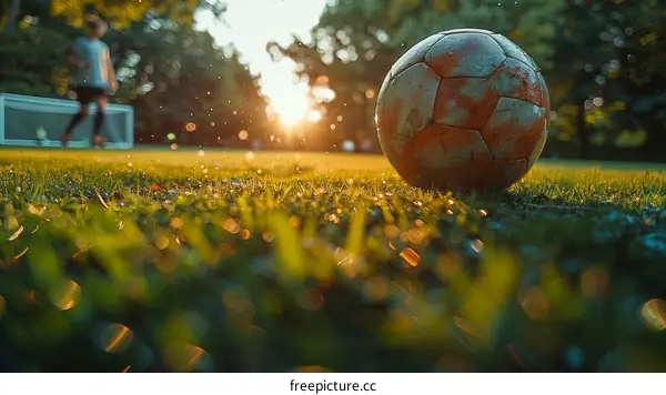 Close-up of a soccer ball on the grass with a blurry background of a person playing soccer