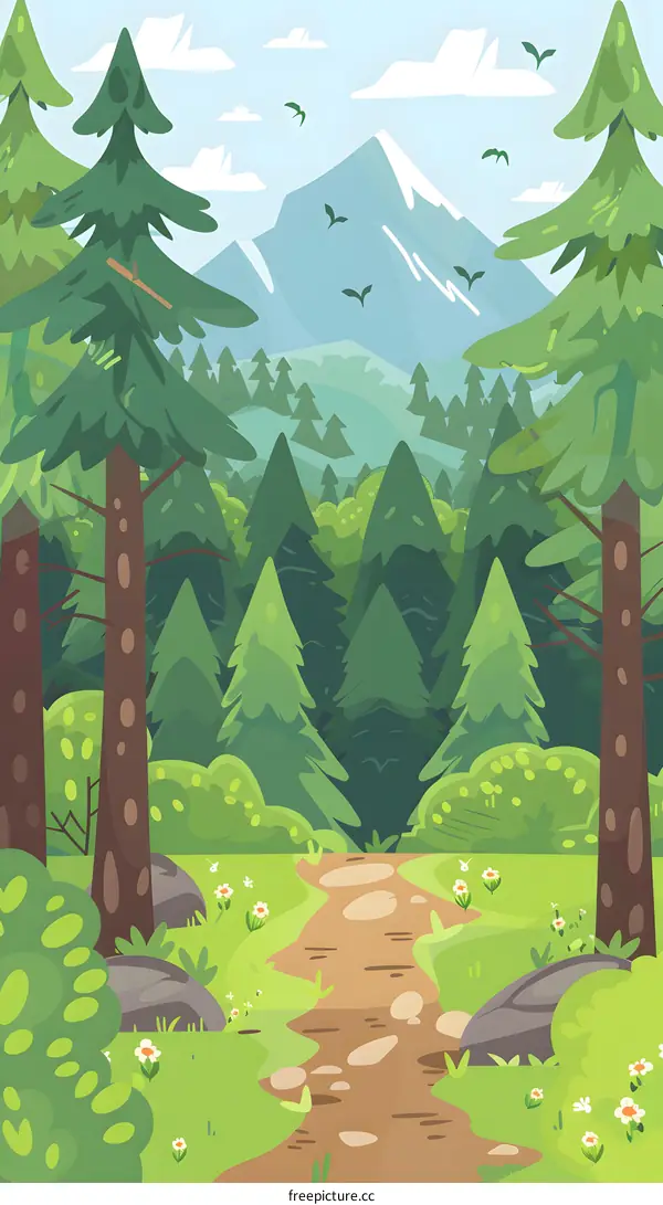 Green Forest Path Leading to Mountain View