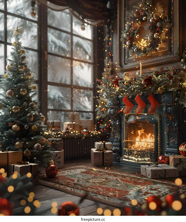 Christmas tree by the fireplace