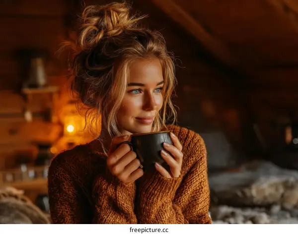Woman enjoying a warm drink in a cozy cabin