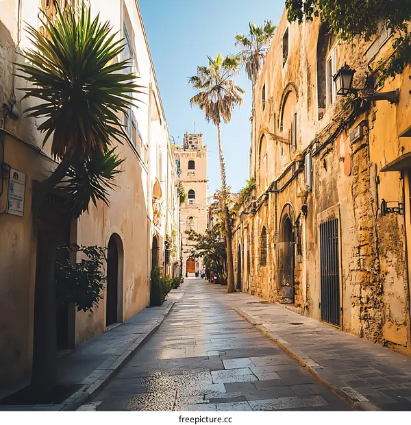 Narrow Street with Palm Trees and Ancient Buildings in Italy