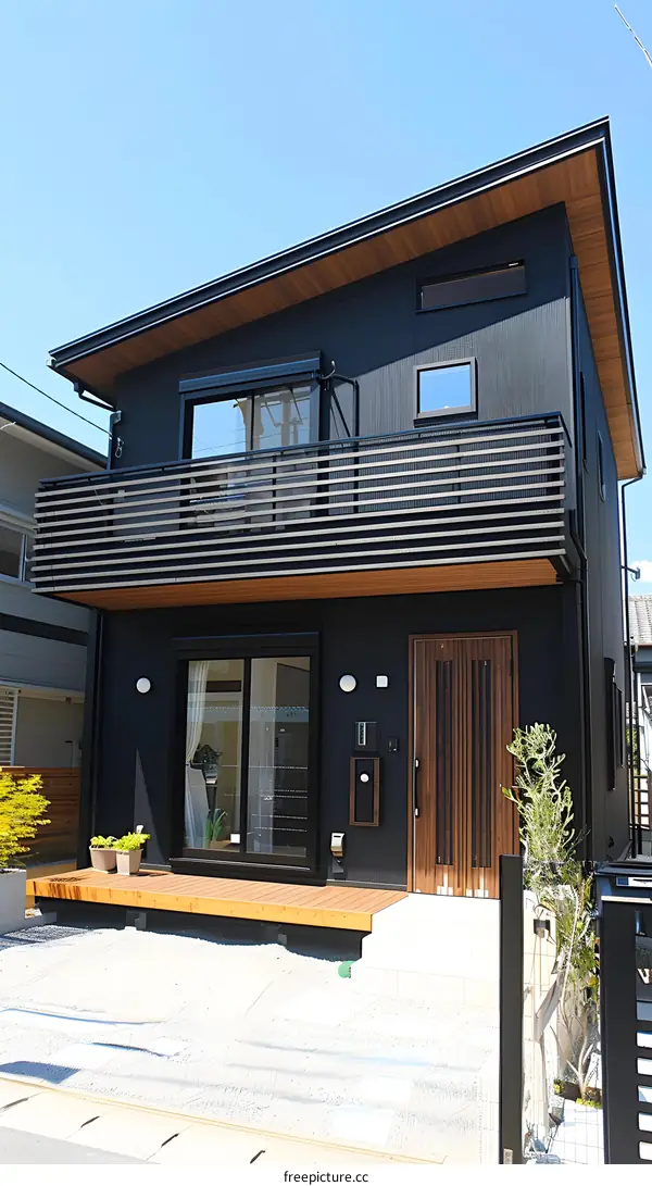 Modern Black and Brown Two Story House with Balcony