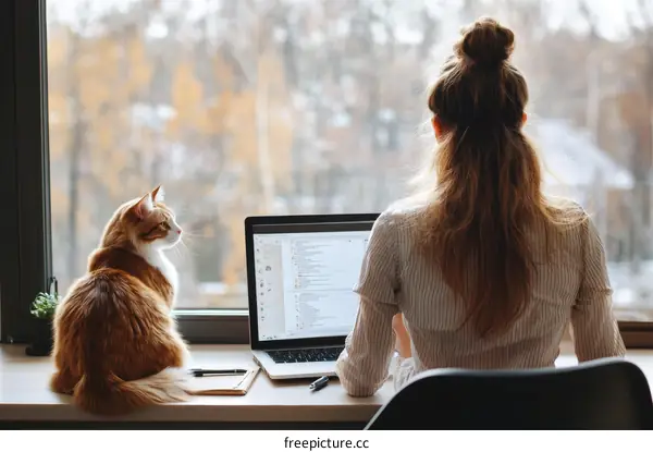 Woman Working at a Window with a Cat