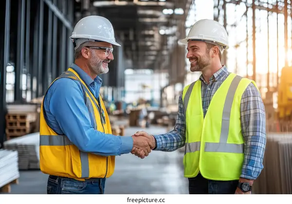 Two construction workers shaking hands on a building site